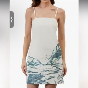 White Linen Blend Dress with Blue Tropical Print